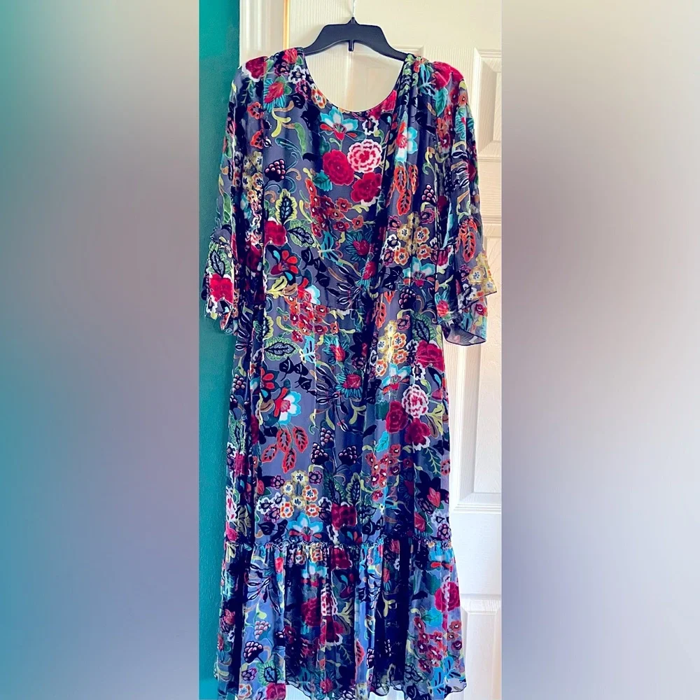 Johnny Was Navy Floral Midi Dress with Red, Teal, Yellow Accents - Picture 1 of 2
